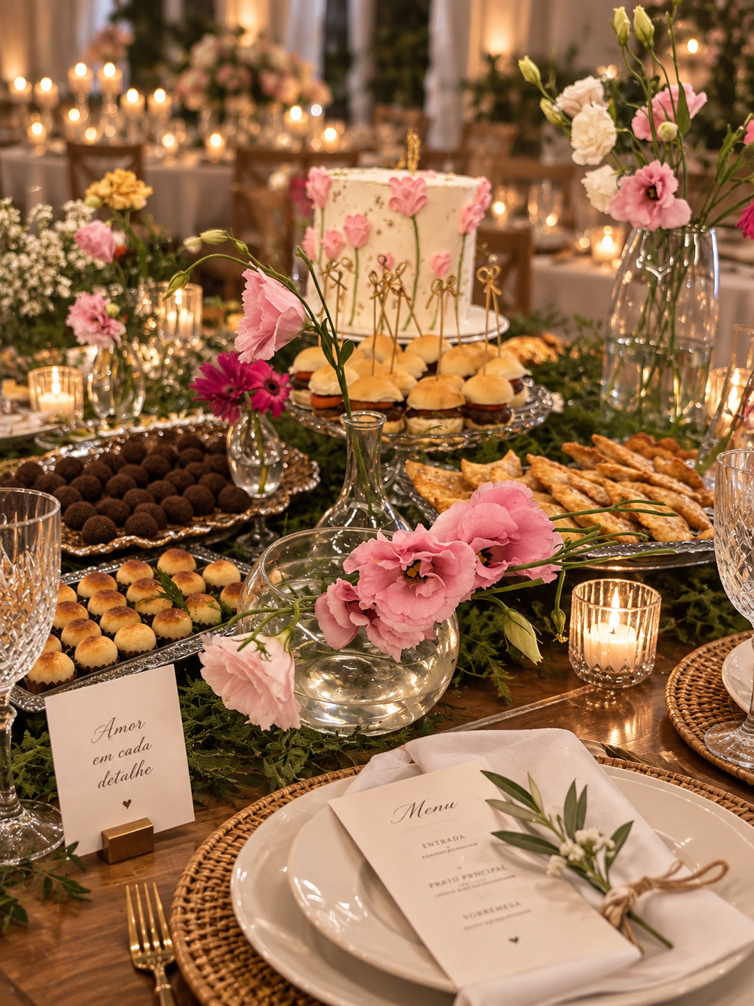 Mesa de casamento com buffet em Maceió: louças, cristais e flores em tons rosé e terracota